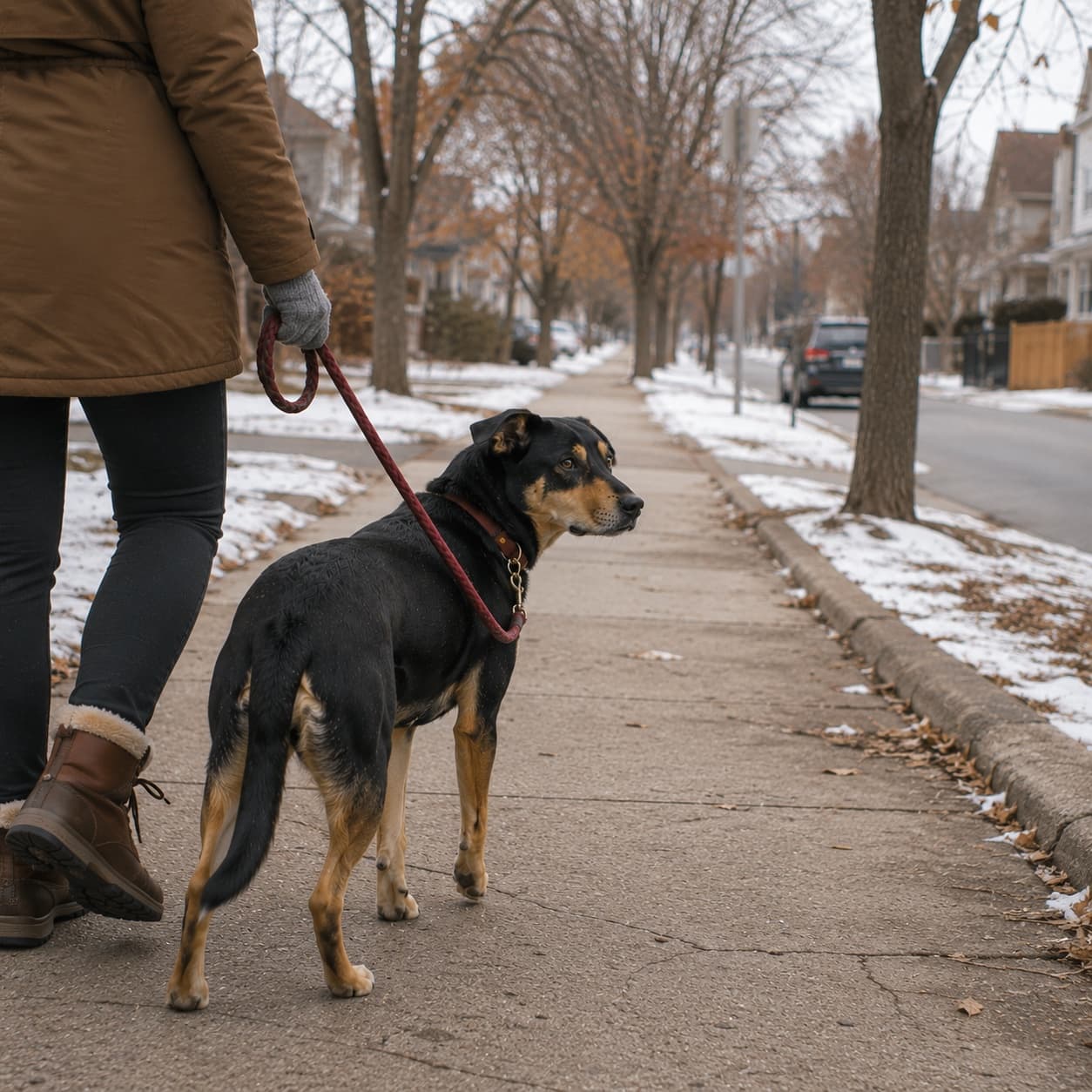 A calm dog walking with a handler on a quiet sidewalk - a practical setup for walking a reactive dog