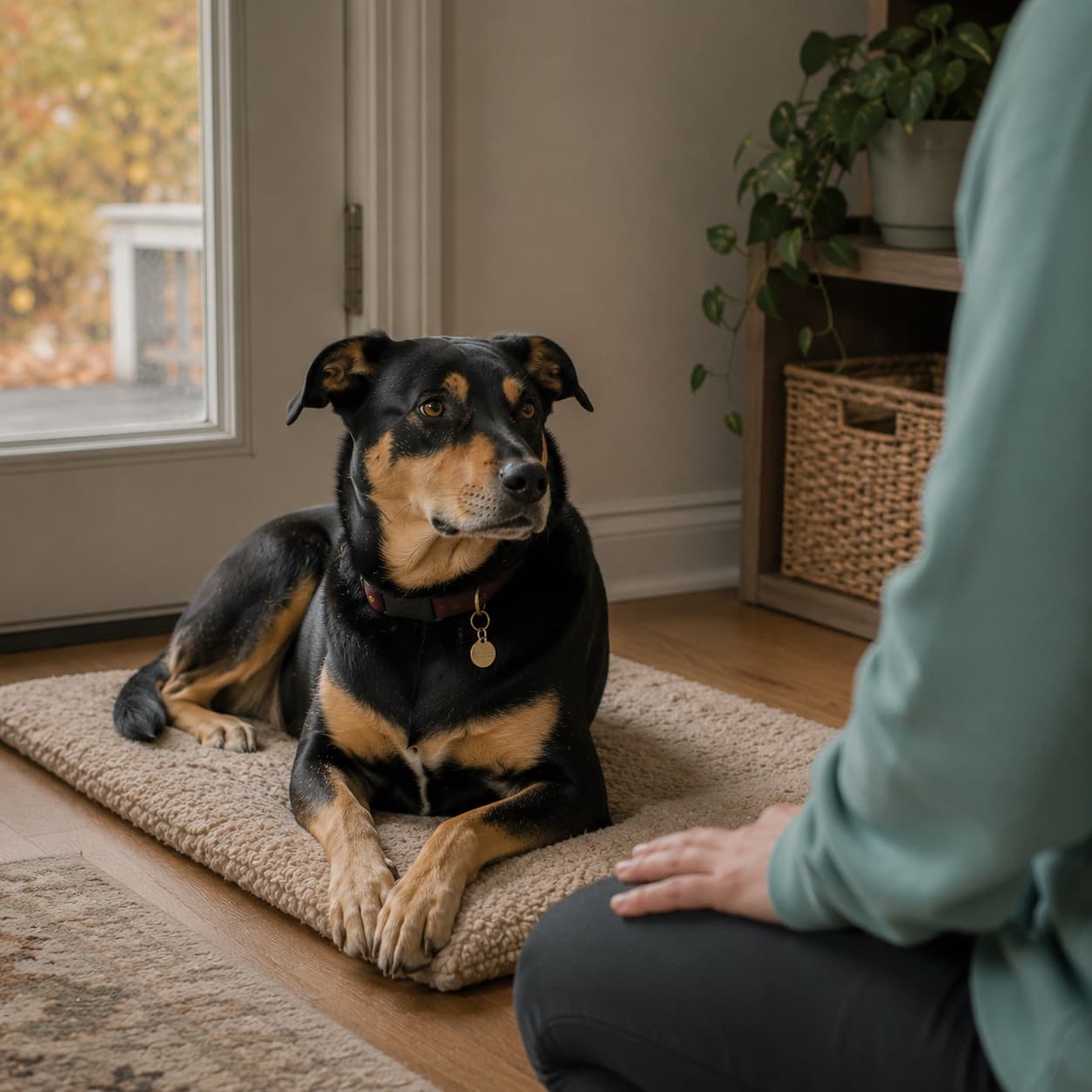 A dog resting calmly on a blanket - relaxation protocol builds a calmer baseline for reactive dogs