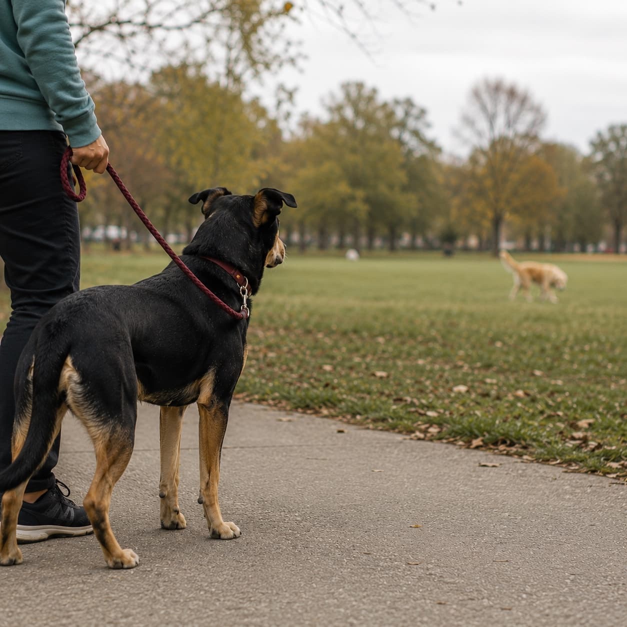 A dog in a well-fitted harness on a walk with room to turn away from triggers
