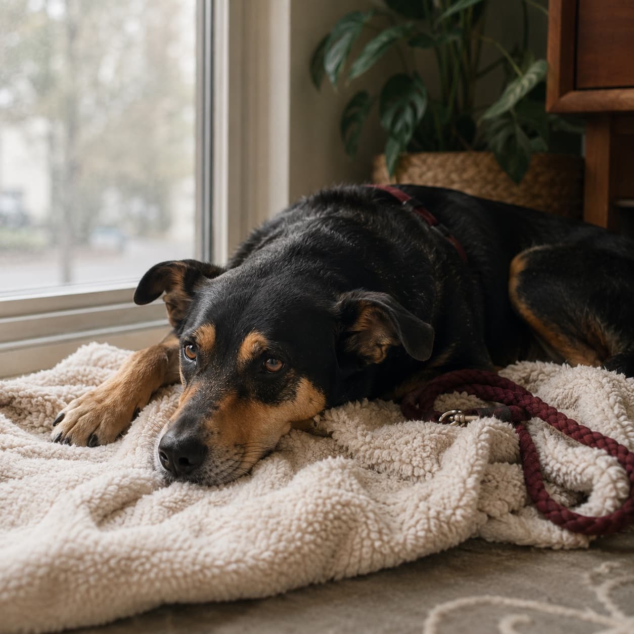 Owner and reactive dog recovering after a difficult walk