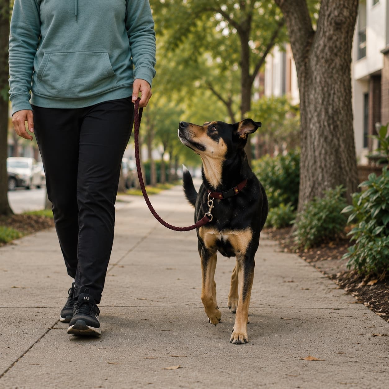 A calm dog walking with the handler - the practical daily loop a reactive dog training plan is built around