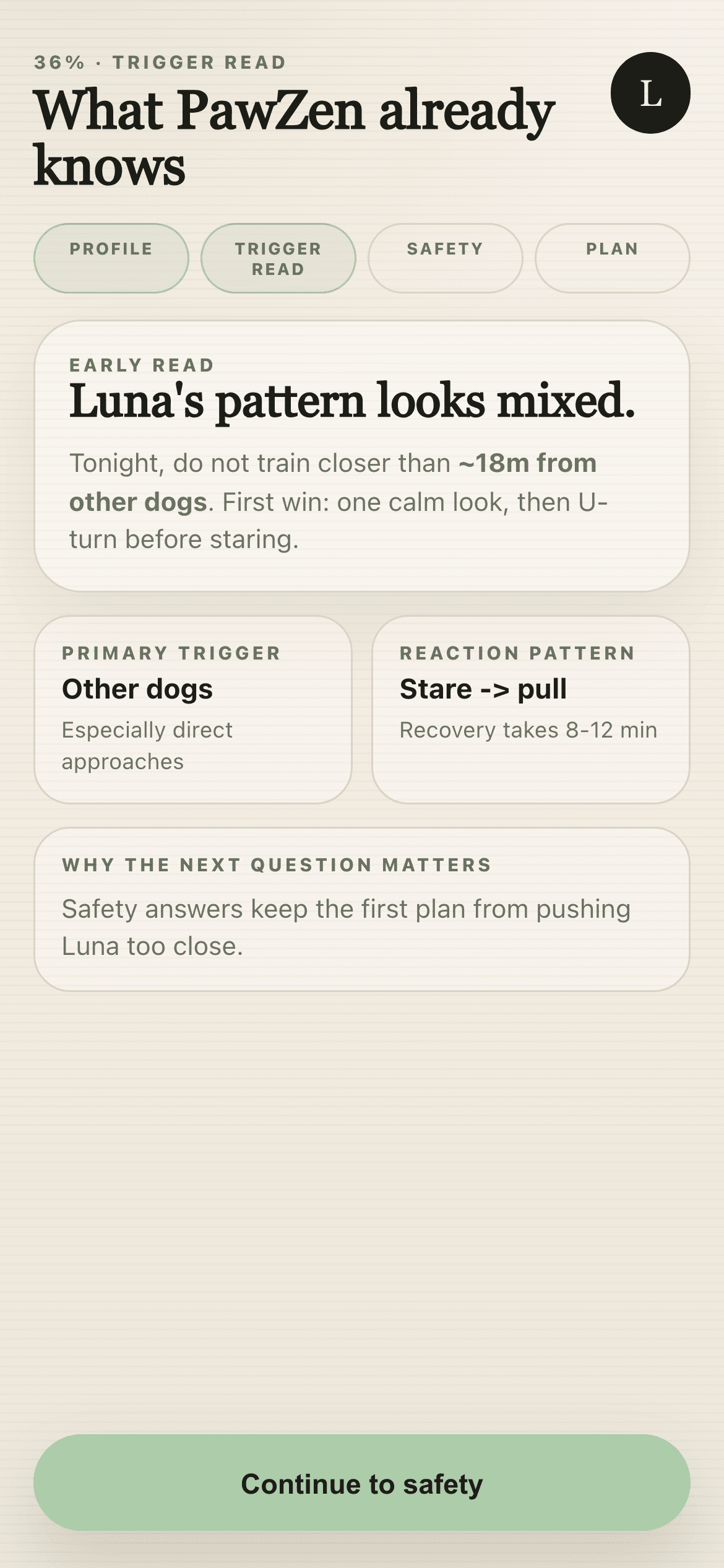 PawZen onboarding screen showing an early personalized read and first walk guardrail